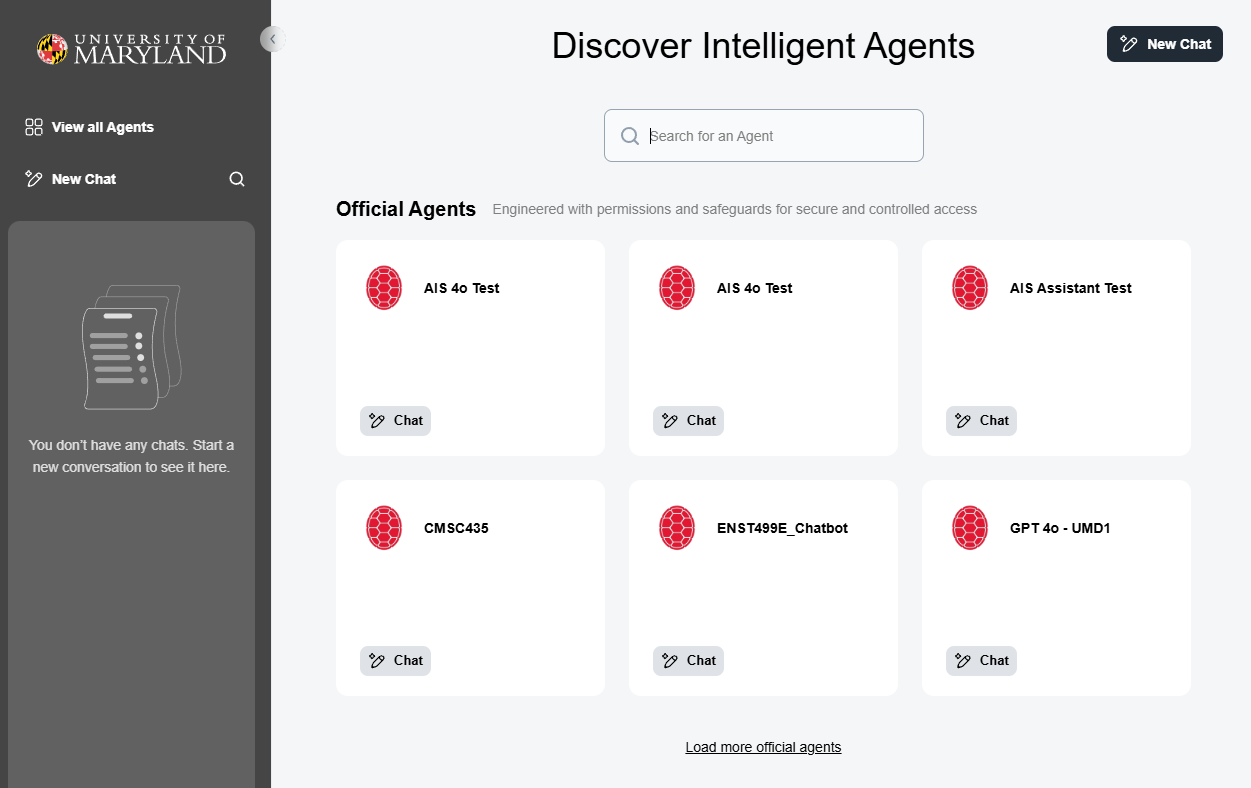 TerpAI Agent Selection Page with Grid of agents and chat buttons