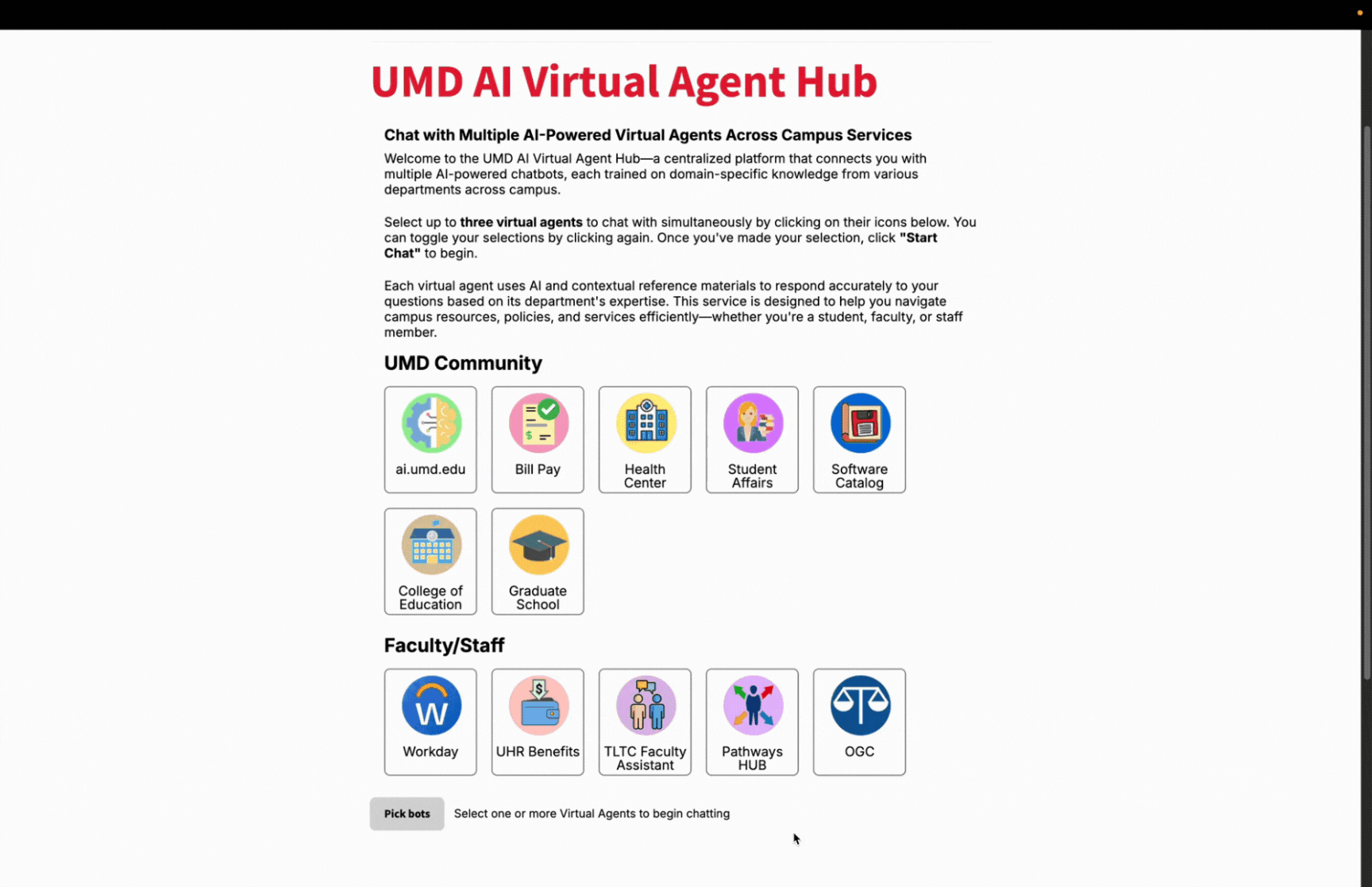 Video of selecting various virtual agents to chat about the UMD AI Virtual Agent Hub