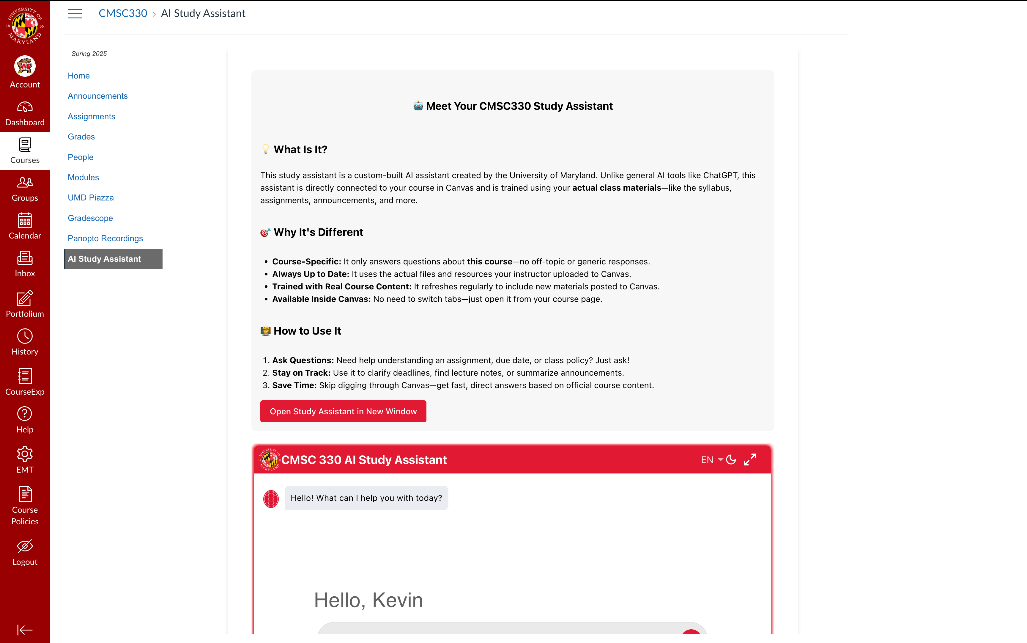 Canvas/ELMS view of AI Study Assistant integrated in the course page.