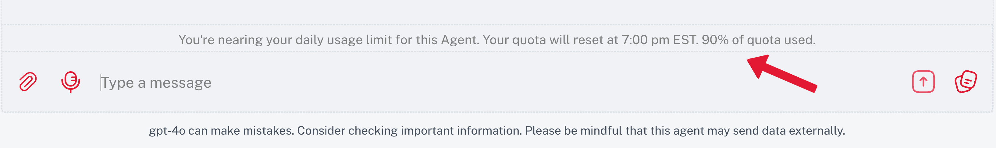Screenshot of TerpAI chat window showcasing the warning message: "You're nearing your daily usage limit for this Agent. Your quota will reset at 7:00 pm EST. 90% of quota used. A red arrow is in the chatbox field pointing to the warning message above.